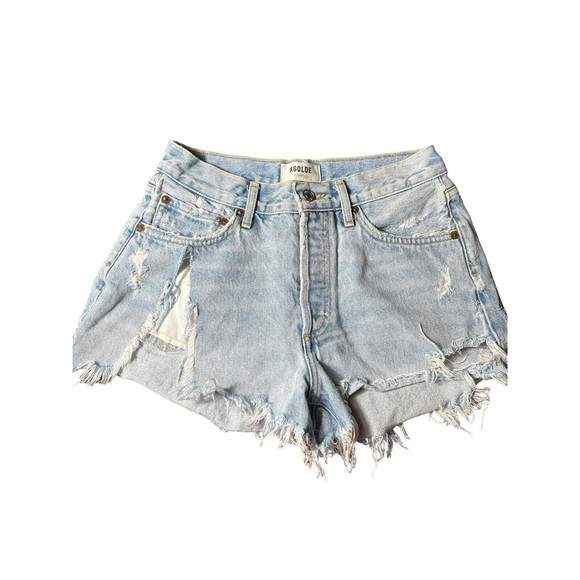 Agolde Jean Shorts Size 25 Women’s Blue Denim Parker Button Fly Distressed AB8-3 - Picture 1 of 9